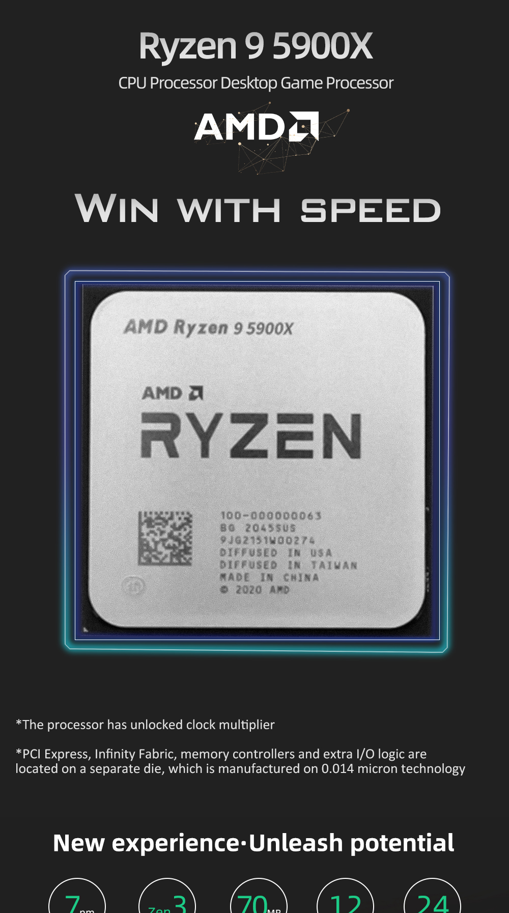 AMD New Ryzen 9 5900X 3.7 GHz 12-Core 24-Thread CPU processore Socket AM4 Gamer R9 5900X CPU accessori 7NM 64M Ryzen 9 CPU