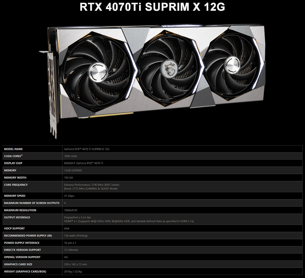 MSI GeForce RTX 4070Ti SUPRIM X 12G nuova scheda grafica 12GB GDDR6X 4NM 192Bit 16Pin 21gbps Gaming GPU schede Video placa de video