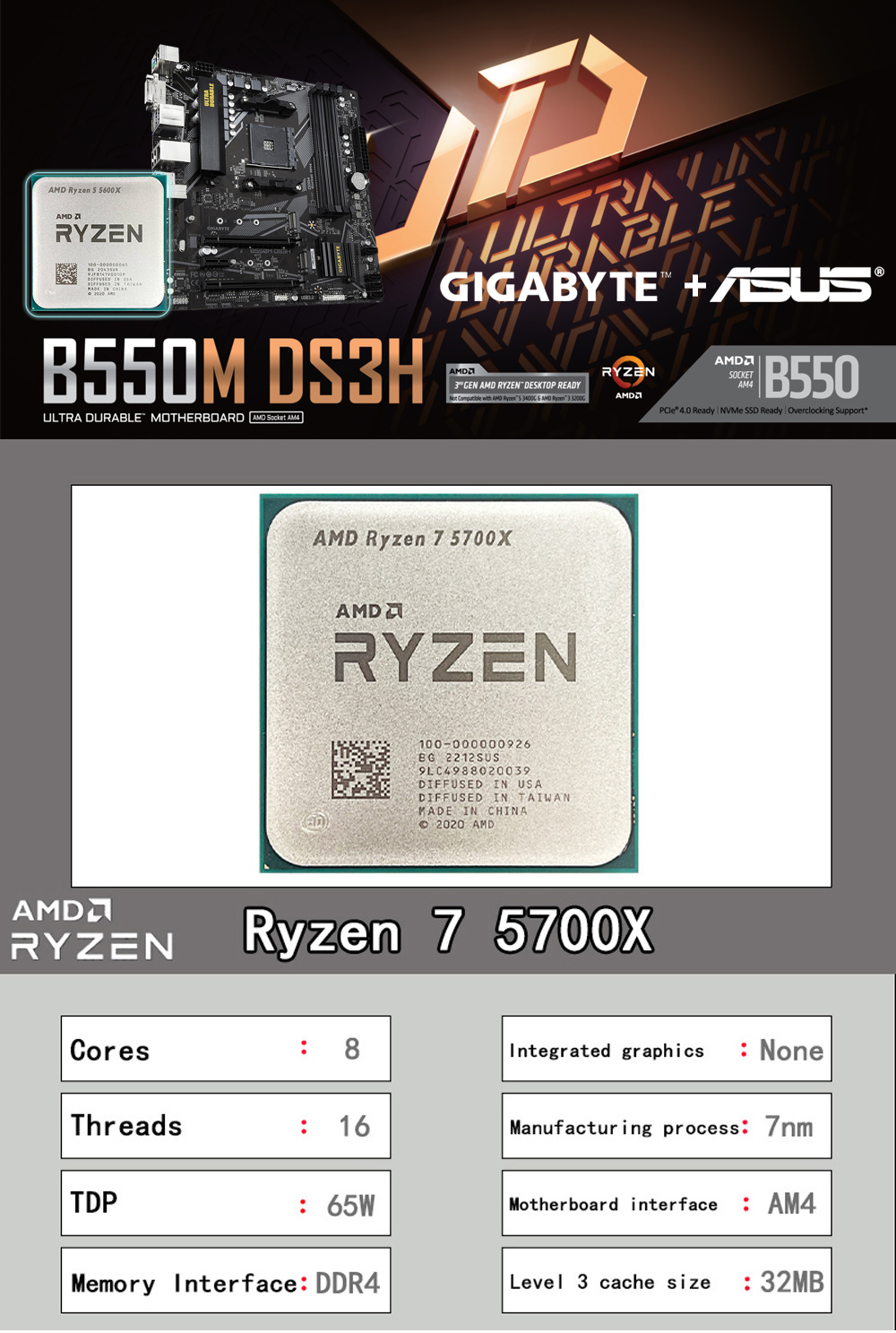 GIGABYTE B550M DS3H Set scheda madre + AMD Ryzen 5 5600X R5 5600X CPU + GALAXY 8G 3200 8G * 2 RAM processore scheda madre e Kit di memoria