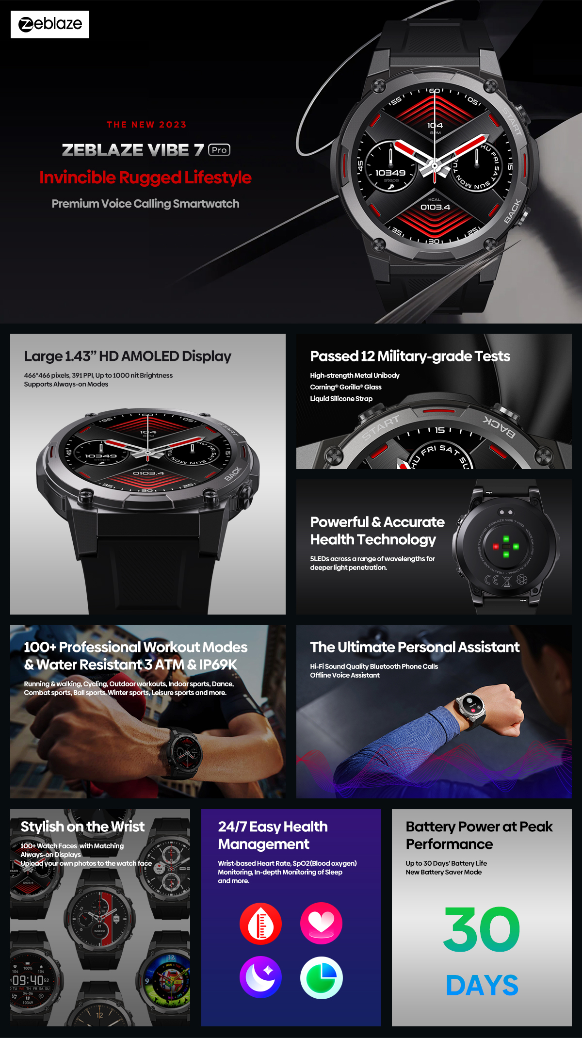 [2023 World Premiere]Zeblaze Vibe 7 Pro Smart Watch 1.43 ''Display AMOLED chiamate telefoniche Bluetooth hi-fi tenacità di livello militare