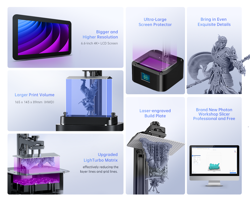 ANYCUBIC Photon Mono 2 stampante 3D schermo monocromatico da 6.6 ''4K + dettagli vivaci ad alta risoluzione stampa in resina UV dimensioni 165*143*89mm