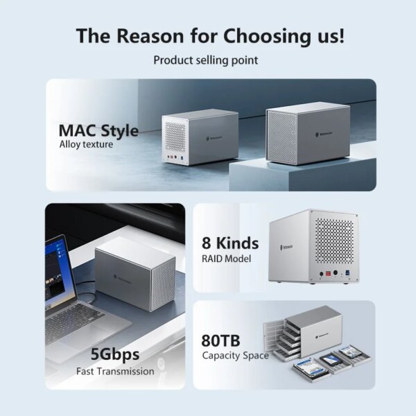 Yottamaster PS500C3 RAID Hard Drive Enclosure Support USB 3.1 5Gbps Type-C for 2.5" 3.5" SATA HDD/SSD 80TB (Sing 16TB)  Capacity - Image 6