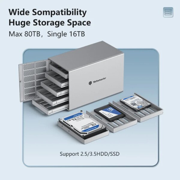 Yottamaster PS500C3 RAID Hard Drive Enclosure Support USB 3.1 5Gbps Type-C for 2.5" 3.5" SATA HDD/SSD 80TB (Sing 16TB)  Capacity - Image 3