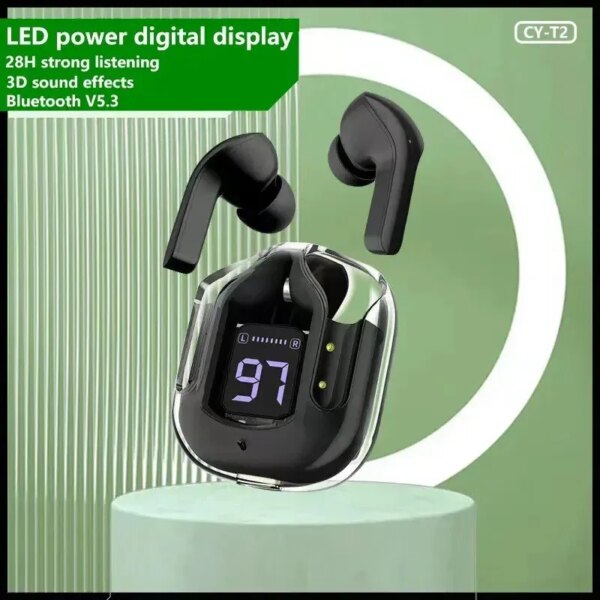 Original T2 Wireless Bluetooth Earphone Transparent HIFI Headphones LED Power Digital Display Stereo Sound Earphones for Xiaomi - Image 3