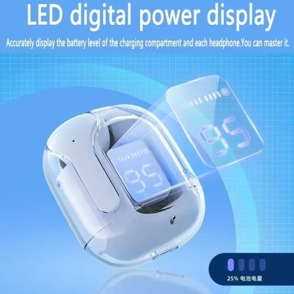 Original T2 Wireless Bluetooth Earphone Transparent HIFI Headphones LED Power Digital Display Stereo Sound Earphones for Xiaomi - Image 4