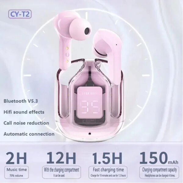 Original T2 Wireless Bluetooth Earphone Transparent HIFI Headphones LED Power Digital Display Stereo Sound Earphones for Xiaomi - Image 2