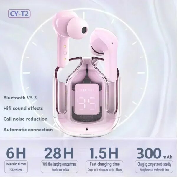T2 Tws Wireless Bluetooth Headset Transparent Headphones ENC Power Digital Display Stereo Sound Earphones for All Smartphones - Image 2