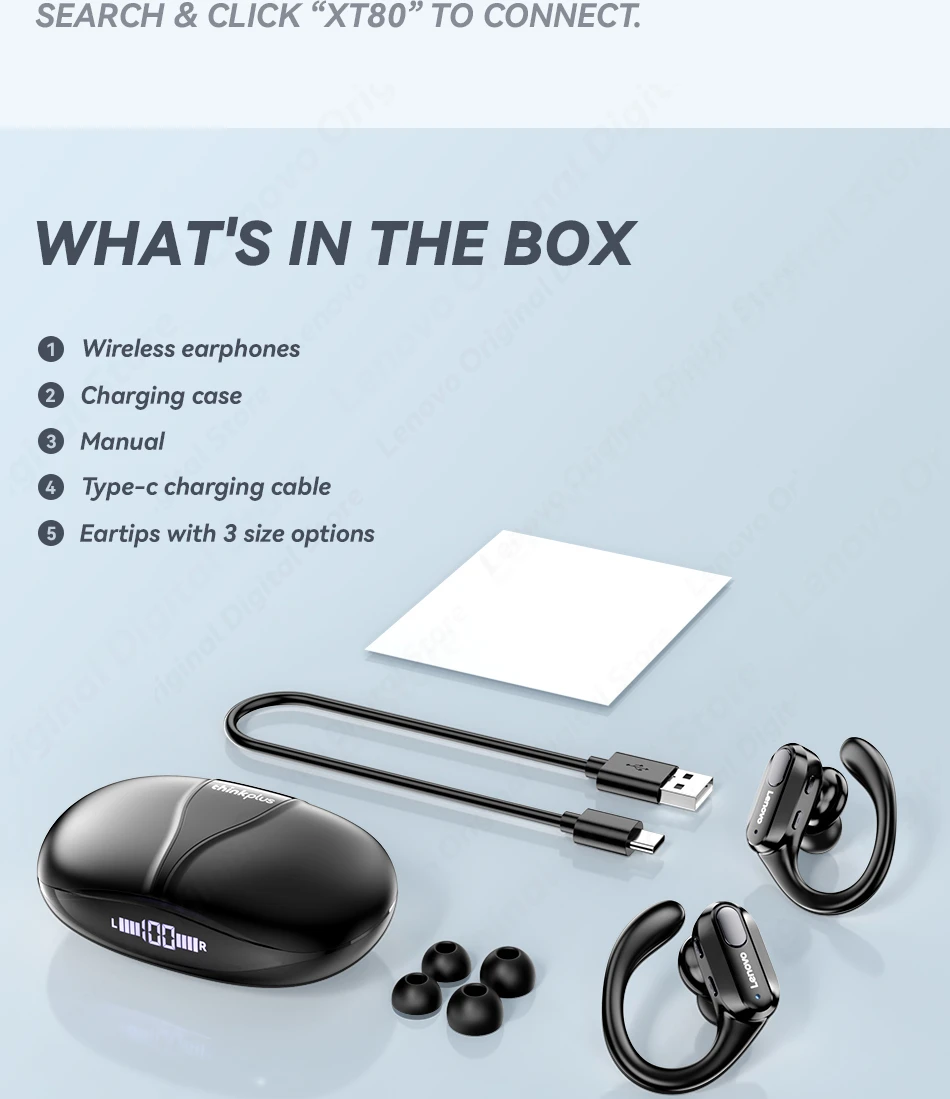 Lenovo XT80 Sports Wireless Headphones with Mics, Button Control, LED Power Display,Hifi Stereo Sound