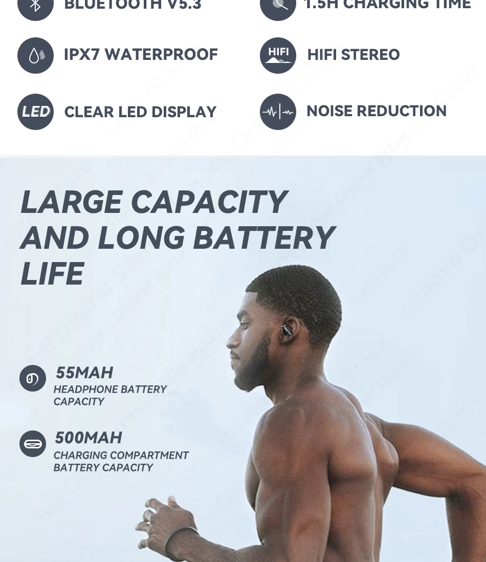 Lenovo XT80 Sports Wireless Headphones with Mics, Button Control, LED Power Display,Hifi Stereo Sound
