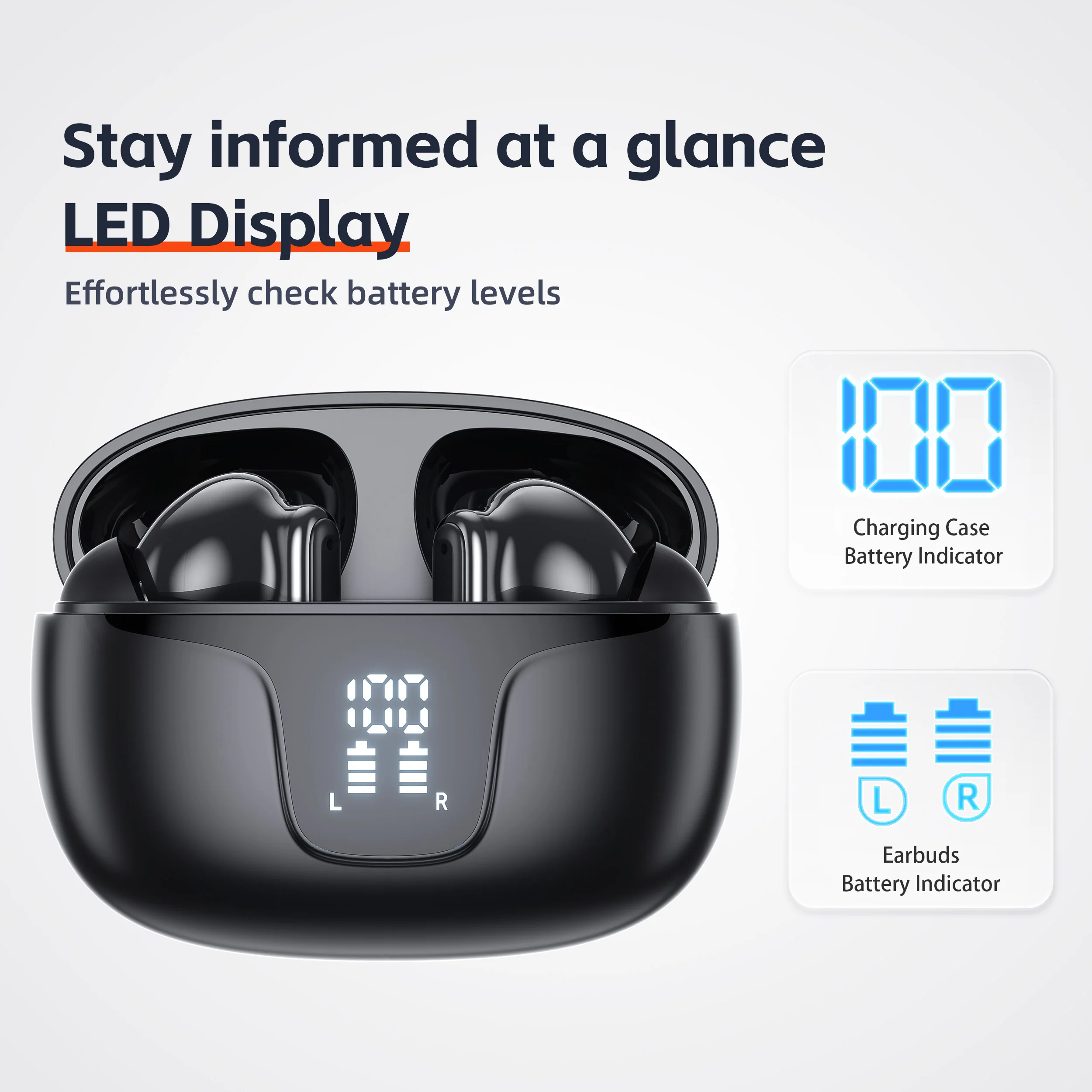 QERE-E60 Wireless Headphones, TWS Bluetooth 5.3,HD Microphone,HIFI Earphones,13mm Driver,Touch control,With displ, ANC Call, New