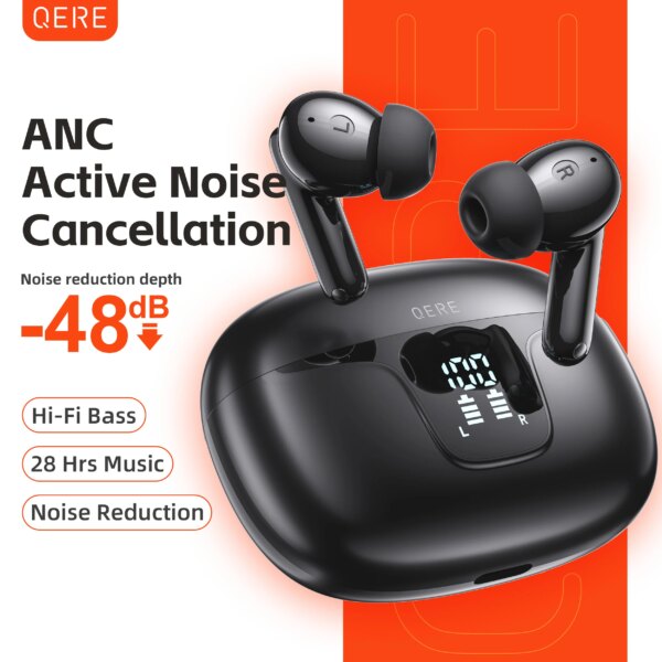 QERE-E60 Wireless Headphones, TWS Bluetooth 5.3,HD Microphone,HIFI Earphones,13mm Driver,Touch control,With displ, ANC Call, New