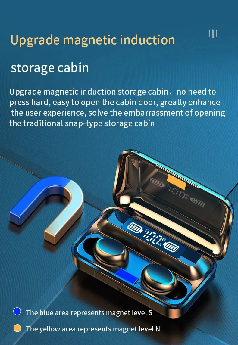 F9 Wireless Bluetooth Headphones Tws Waterproof Earbuds Earphones Digital Display Heaset Large Capacity Charging Case