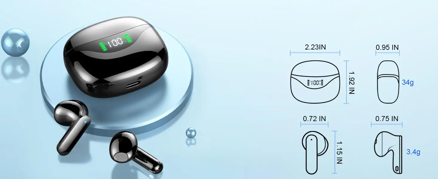 Wireless Earbuds, Bluetooth 5.3 Headphones Built in Noise Cancelling Mic, 36H Playtime LED Display Wireless Earphones.
