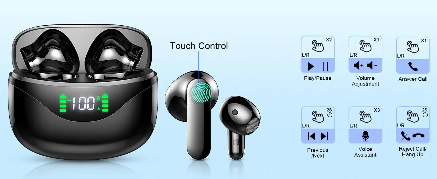 Wireless Earbuds, Bluetooth 5.3 Headphones Built in Noise Cancelling Mic, 36H Playtime LED Display Wireless Earphones.