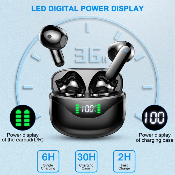 Wireless Earbuds, Bluetooth 5.3 Headphones Built in Noise Cancelling Mic, 36H Playtime LED Display Wireless Earphones. - Image 3